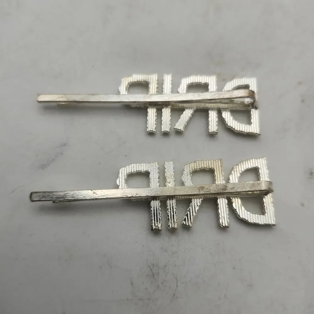 Rhinestone DRIP Hair Pins Silver Tone Crystal Letter Bobby Clip Pair Barrettes